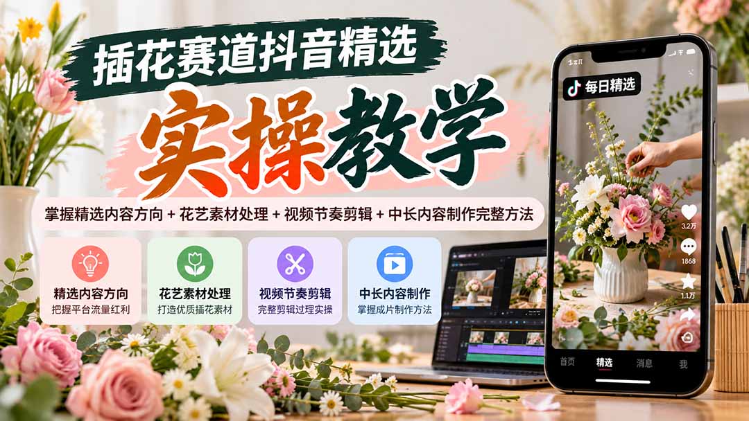 插花赛道抖音精选实操教学:掌握精选内容方向+花艺素材处理+视频节奏剪辑+中长内容制作完整方法-智享云联