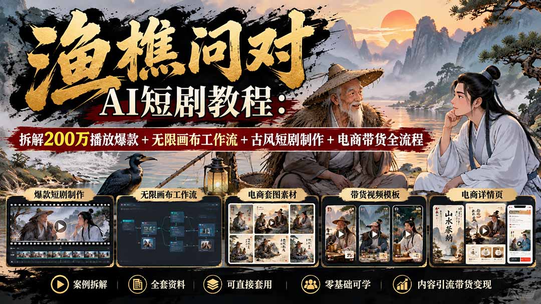【无水印】渔樵问对AI短剧教程：拆解200万播放爆款+无限画布工作流+古风短剧制作+电商带货全流程-智享云联