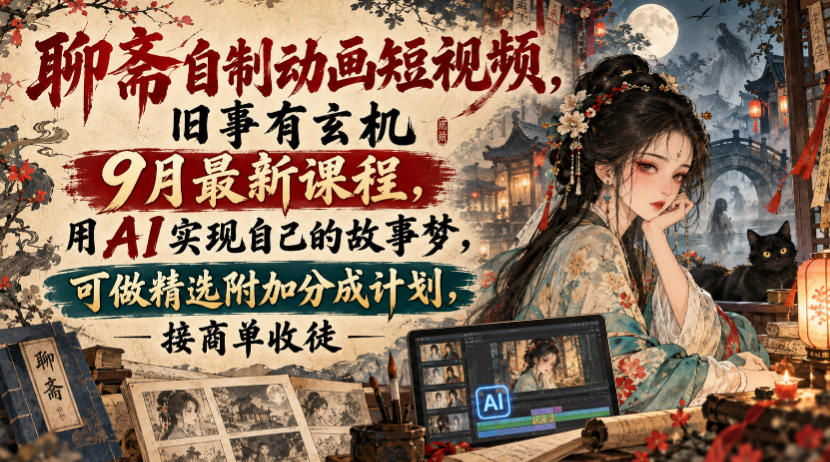 聊斋自制动画短视频,旧事有玄机9月最新课程,用AI实现自己的故事梦,可做精选附加分成计划,接商单收徒-智享云联