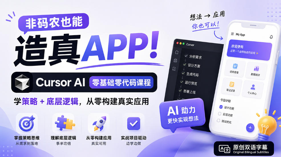 非码农也能造真APP！Cursor AI零基础零代码课程：学策略+底层逻辑，从零构建真实应用【原创双语字幕】-智享云联
