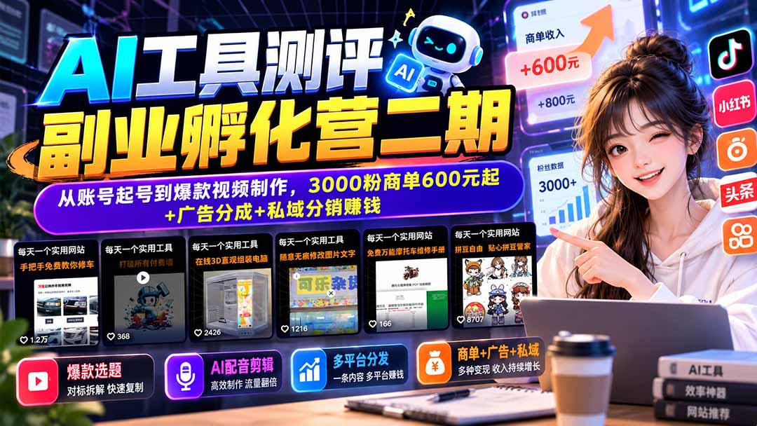AI工具测评副业孵化营二期：从账号起号到爆款视频制作，3000粉商单600元起+广告分成+私域分销赚钱-智享云联