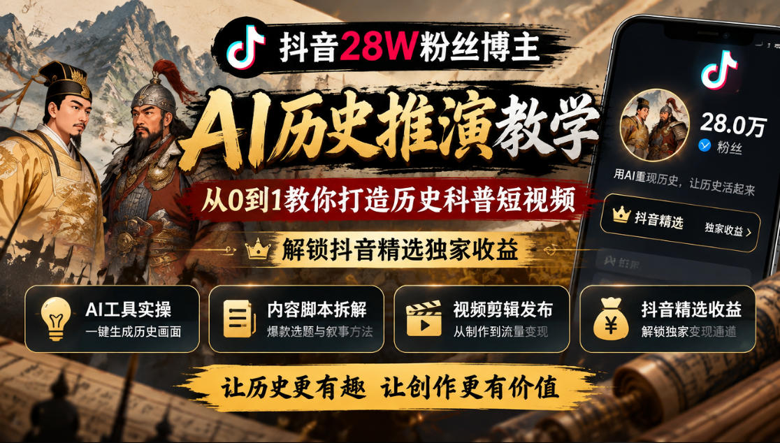 抖音28W粉丝博主的AI历史推演教学，从0到1教你打造历史科普短视频，解锁抖音精选独家收益-智享云联
