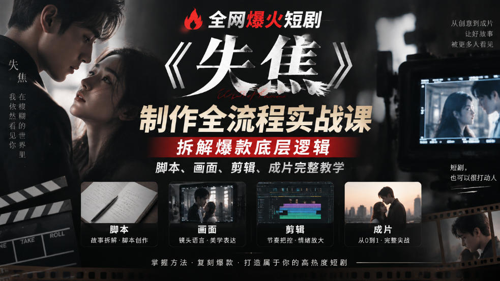 全网爆火短剧《失焦》制作全流程实战课｜拆解爆款底层逻辑，脚本、画面、剪辑、成片完整教学-智享云联