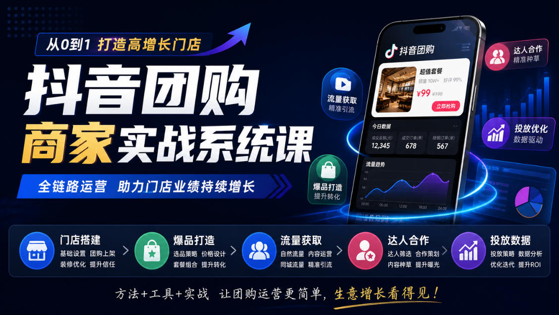 抖音团购商家实战系统课|门店搭建、爆品打造、流量获取、达人合作、投放数据全链路运营-智享云联