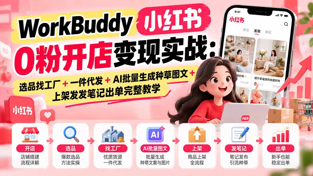 WorkBuddy小红书0粉开店变现实战:选品找工厂+一件代发+AI批量生成种草图文+上架发发笔记出单完整教学-智享云联