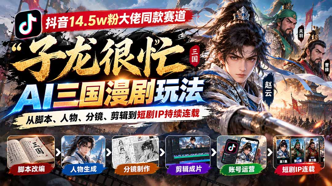 抖音14.5w粉大佬同款赛道「子龙很忙」AI三国漫剧玩法：从脚本、人物、分镜、剪辑到短剧IP持续连载-智享云联