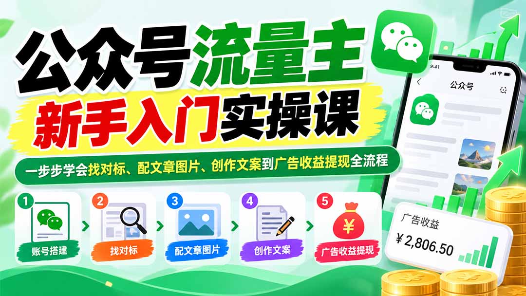 公众号流量主新手入门实操课:一步步学会找对标、配文章图片、创作文案到广告收益提现全流程-智享云联