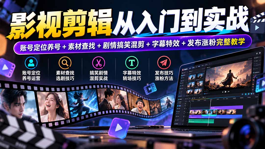 影视剪辑从入门到实战：账号定位养号+素材查找+剧情搞笑混剪+字幕特效+发布涨粉完整教学-智享云联
