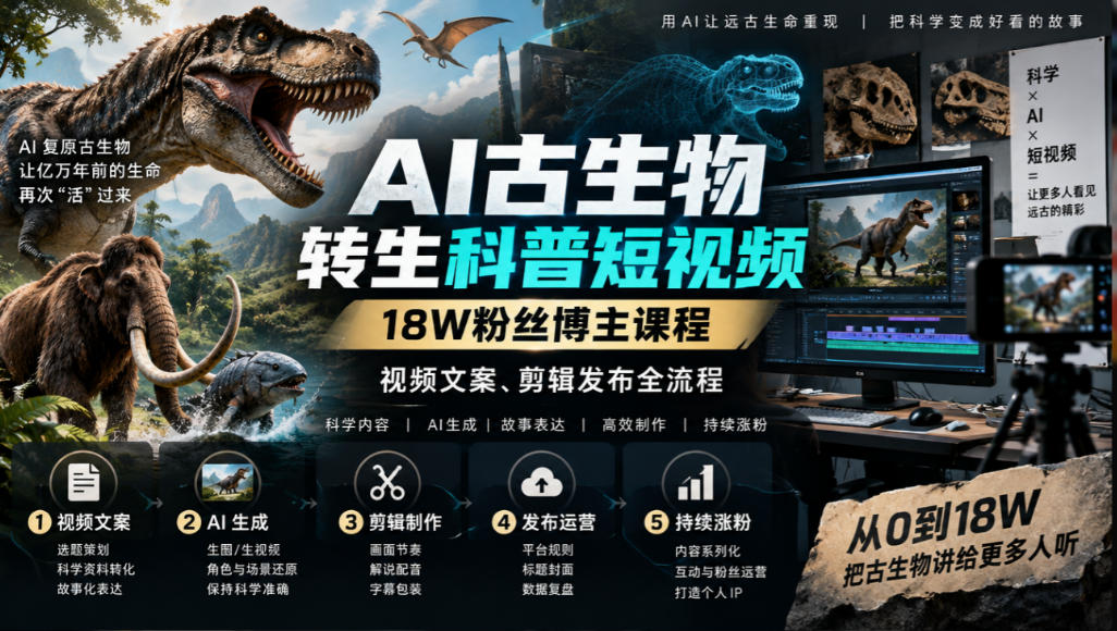 AI古生物转生科普短视频，18W粉丝博主课程，视频文案、剪辑发布全流程-智享云联
