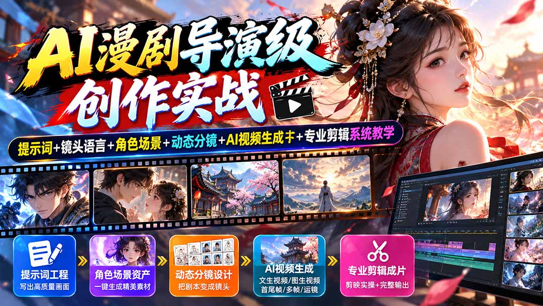 AI漫剧导演级创作实战：提示词+镜头语言+角色场景+动态分镜+AI视频生成+专业剪辑系统教学-智享云联