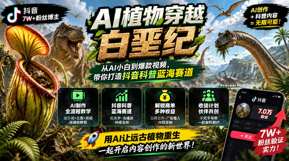 抖音7W粉丝博主的AI植物穿越白垩纪教学,抖音科普蓝海赛道,解锁商单收徒伙伴计划等多种收益-智享云联