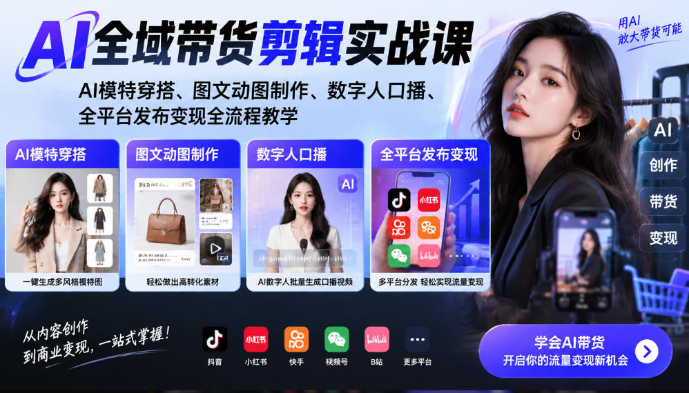AI全域带货剪辑实战课|AI模特穿搭、图文动图制作、数字人口播、全平台发布变现全流程教学-智享云联
