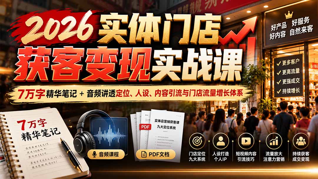 2026实体门店获客变现实战课：7万字精华笔记+音频讲透定位、人设、内容引流与门店流量增长体系-智享云联