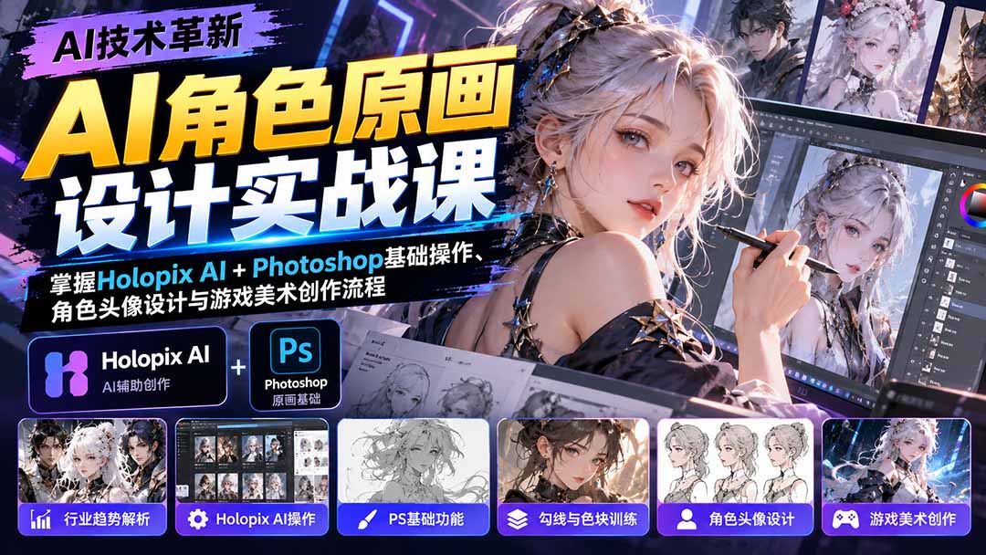 AI角色原画设计实战课:掌握Holopix AI+Photoshop基础操作、角色头像设计与游戏美术创作流程-智享云联