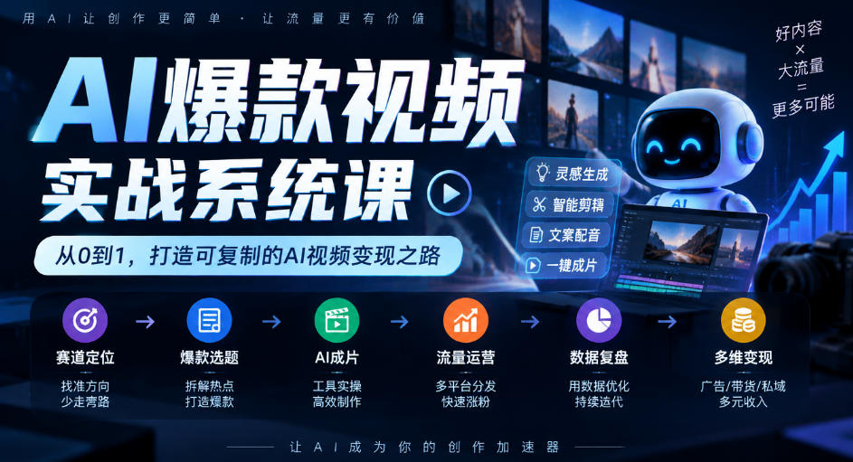 AI爆款视频实战系统课｜赛道定位、爆款选题、AI成片、流量运营、数据复盘、多维变现全链路教学-智享云联