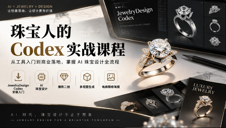 珠宝人的Codex实战课程｜JewelryDesign Codex安装入门、AI珠宝设计、爆款二创、多视图生成、电商精修海报全链路教学-智享云联