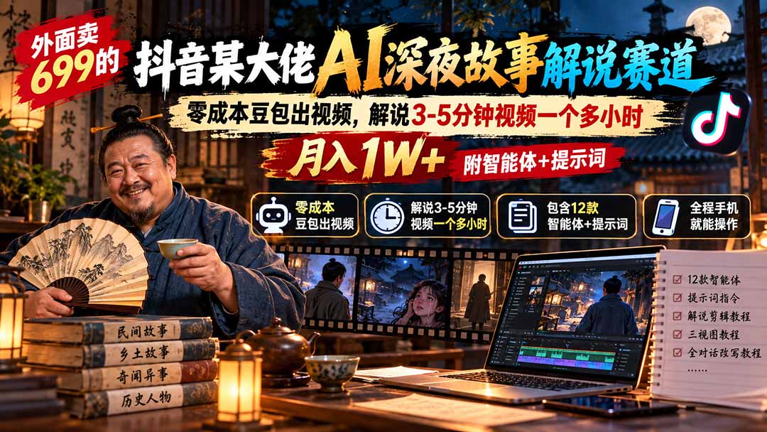外面卖699抖音某大佬AI深夜故事解说赛道-更新：0成本豆包出视频+解说3-5分钟视频一个多小时，月入1W+附智能体+提示词-智享云联
