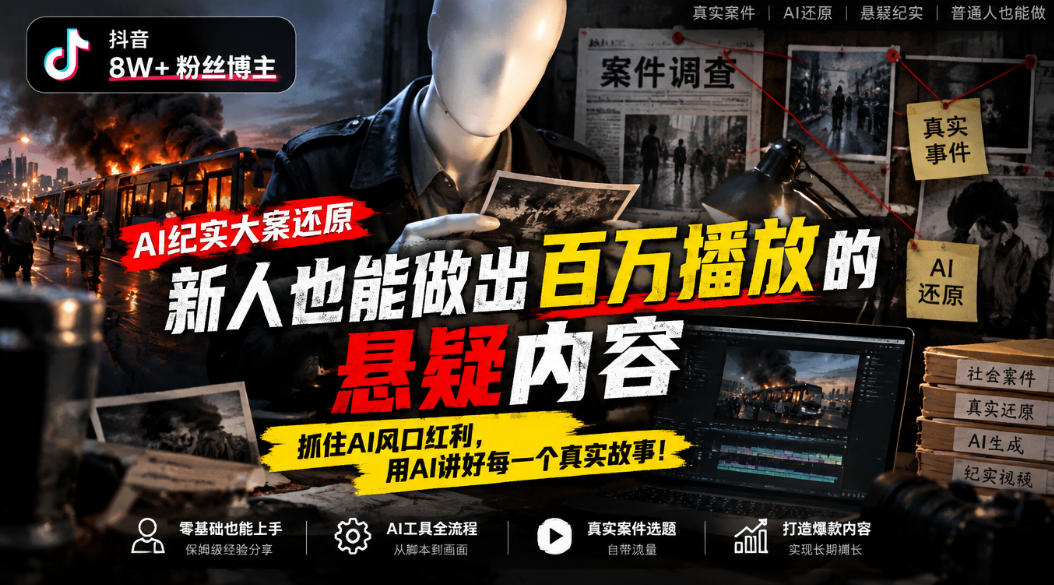 抖音8W粉丝博主的AI纪实大案还原教学，新人也能做出百W播放的悬疑内容，抓住AI风口红利，用AI讲好每一个真实故事-智享云联