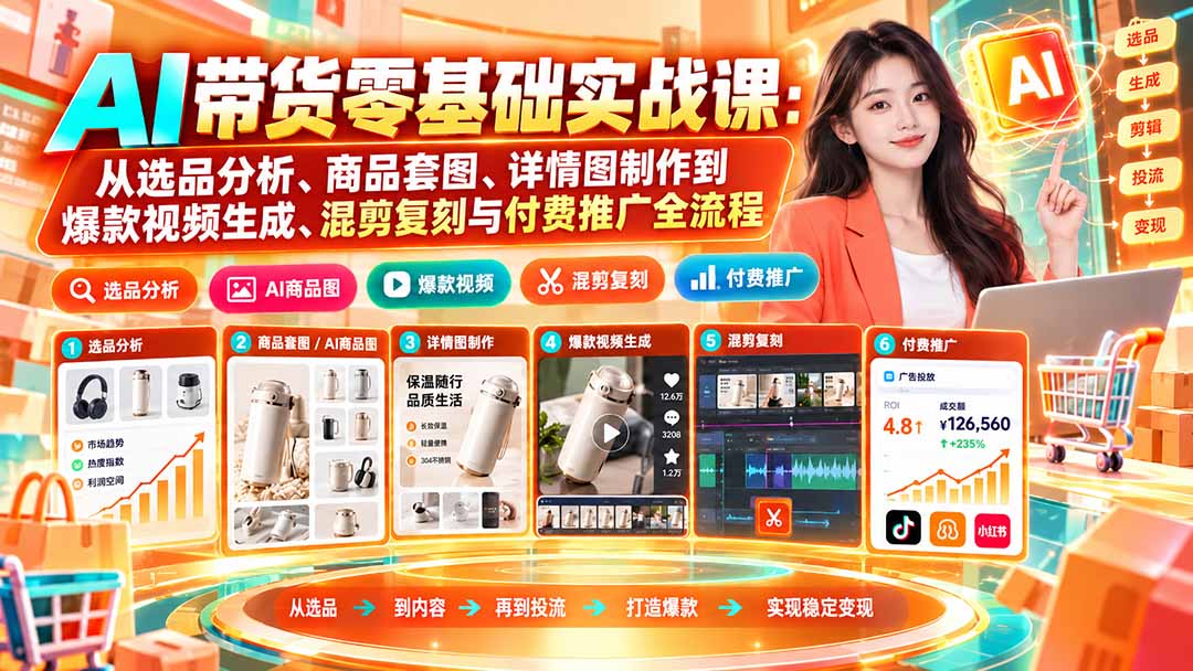 AI带货零基础实战课:从选品分析、商品套图、详情图制作到爆款视频生成、混剪复刻与付费推广全流程-智享云联