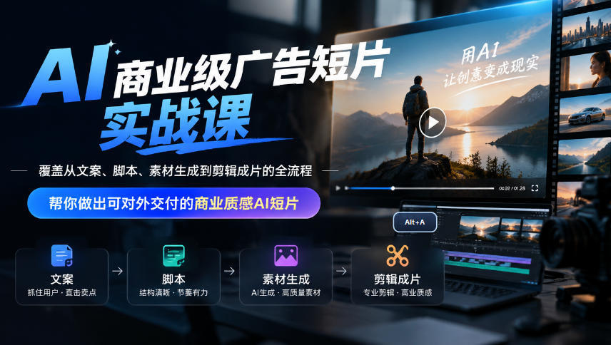 AI商业级广告短片实战课，覆盖从文案、脚本、素材生成到剪辑成片的全流程，帮你做出可对外交付的商业质感AI短片-智享云联