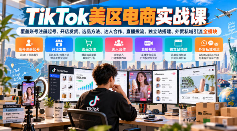 TikTok美区电商实战课，覆盖账号注册起号、开店发货、选品方法、达人合作、直播投流、独立站搭建、外贸私域引流全模块-智享云联
