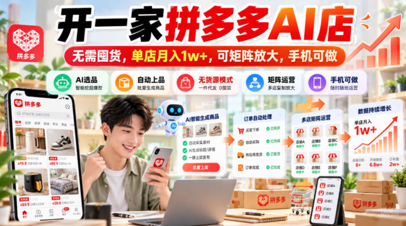 开一家拼多多AI店，无需囤货，单店月入1w+，可矩阵放大，手机可做【揭秘】-智享云联