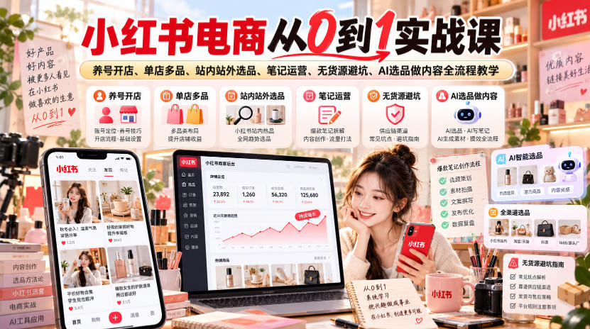 小红书电商从0到1实战课|养号开店、单店多品、站内站外选品、笔记运营、无货源避坑、AI选品做内容全流程教学-智享云联