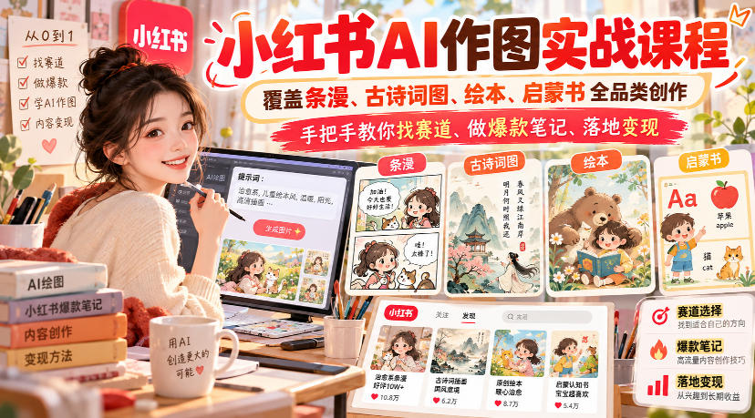 小红书AI作图实战课程，覆盖条漫、古诗词图、绘本、启蒙书全品类创作，手把手教你找赛道、做爆款笔记、落地变现(更新1009)-智享云联