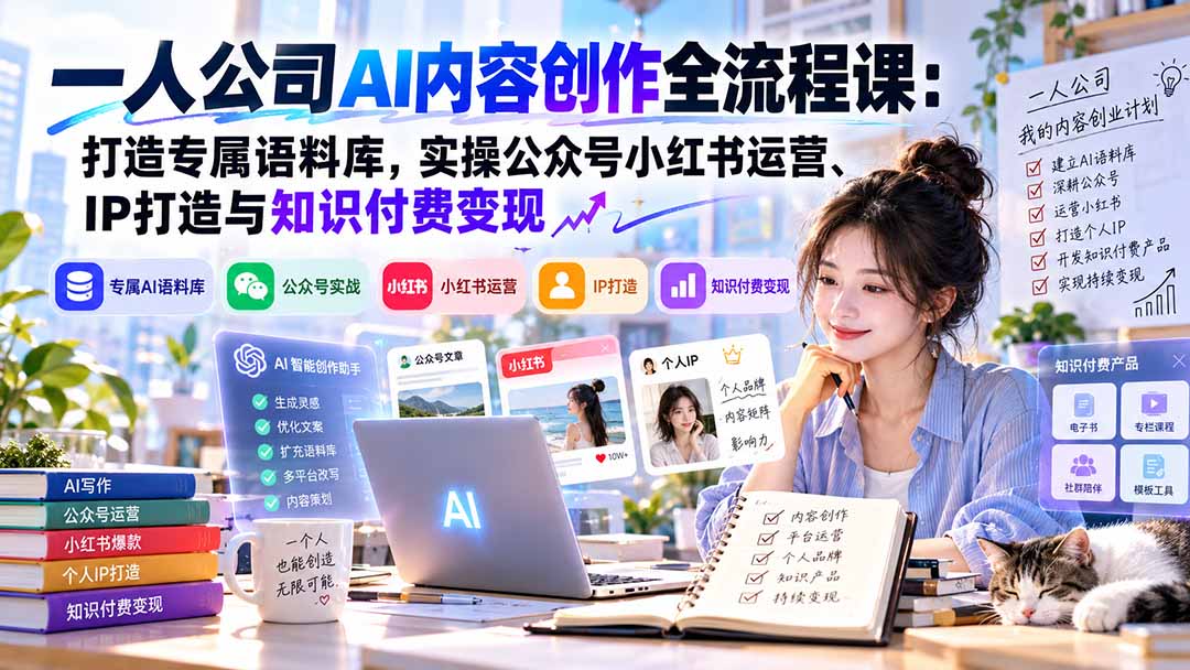 一人公司AI内容创作全流程课：打造专属语料库，实操公众号小红书运营、IP打造与知识付费变现方法论-智享云联