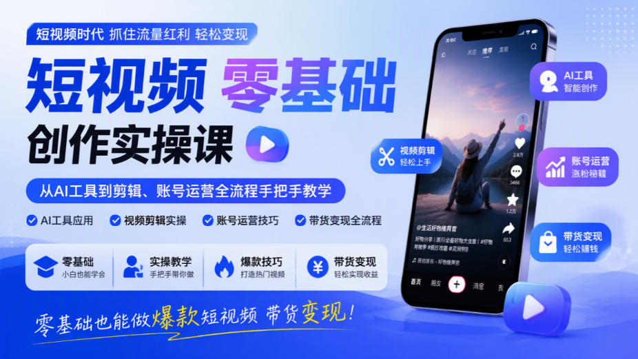 短视频零基础创作实操课，从AI工具到剪辑、账号运营全流程手把手教学，零基础也能做爆款短视频带货变现-智享云联