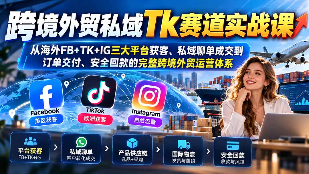 跨境外贸私域Tk赛道实战课：从海外FB+TK+IG三大平台获客、私域聊单成交到订单交付、安全回款的完整跨境外贸运营体系-智享云联
