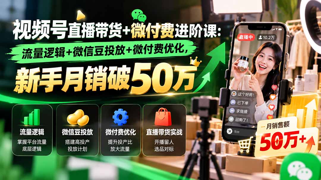 视频号直播带货+微付费进阶课-更新1010：流量逻辑+微信豆投放+微付费优化，新手月销破50万-智享云联
