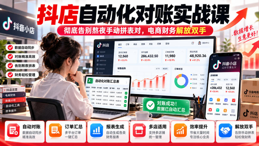 抖店自动化对账实战课，彻底告别熬夜手动拼表对，账电商财务解放双手-智享云联
