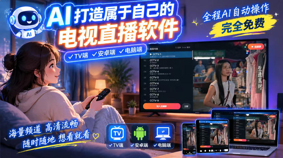 一个提示词，AI全自动做出电视直播软件，电脑、安卓、电视三端通用，完全免费，画质流畅不卡顿-智享云联