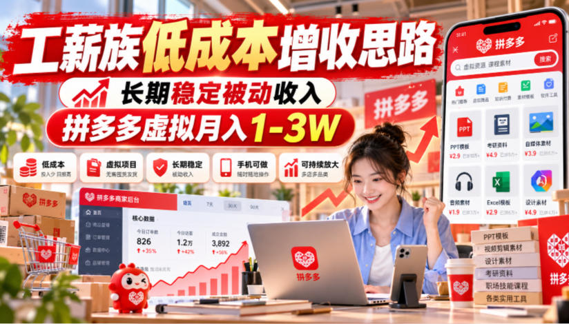 工薪族低成本增收思路，长期稳定被动收入，拼多多虚拟月入1-3W-智享云联