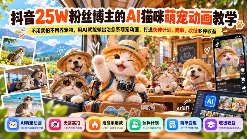 抖音25W粉丝博主的AI猫咪萌宠动画教学,不用实拍不用养宠物,用AI就能做出治愈系萌宠动画,打通伙伴计划、商单、收徒多种收益-智享云联
