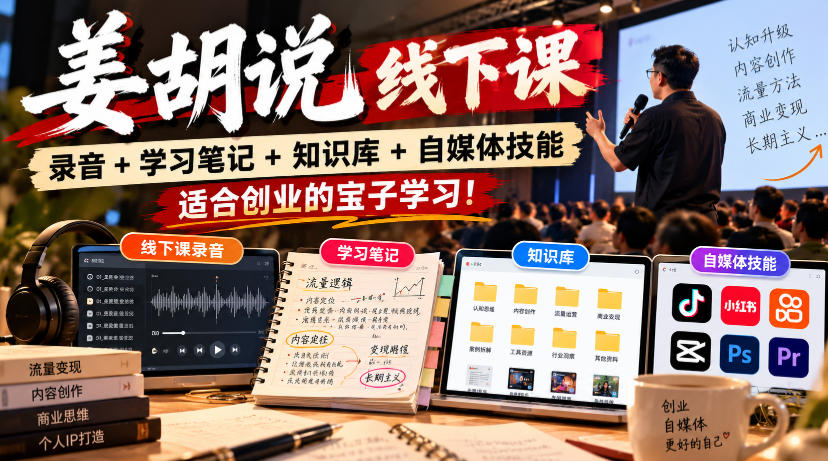 姜胡说线下课录音＋学习笔记＋知识库＋自媒体技能，​适合创业的宝子学习！-智享云联