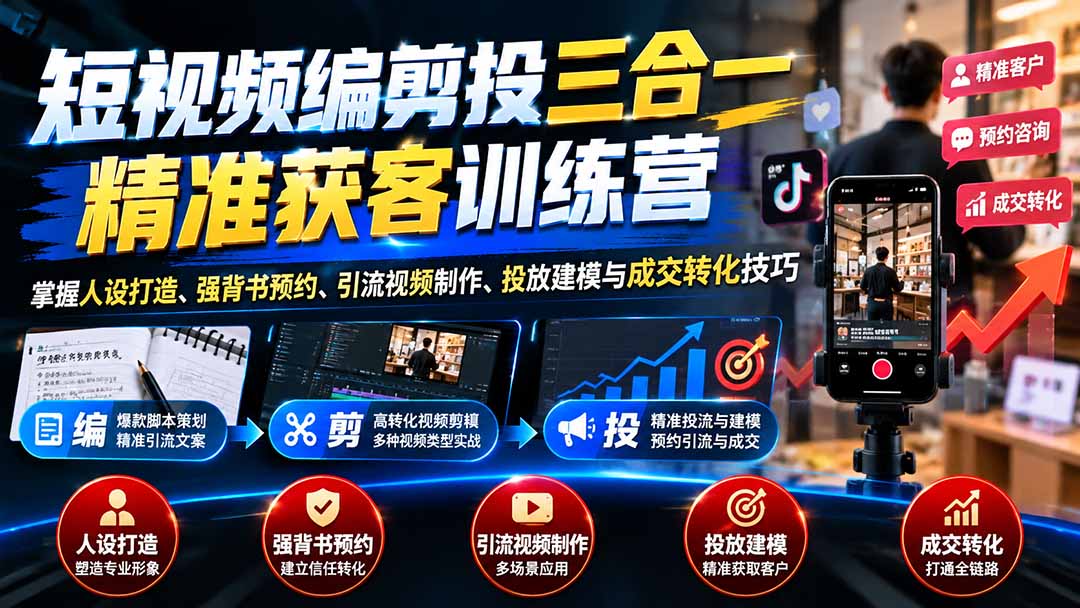 短视频编剪投三合一精准获客训练营:掌握人设打造、强背书预约、引流视频制作、投放建模与成交转化技巧-智享云联
