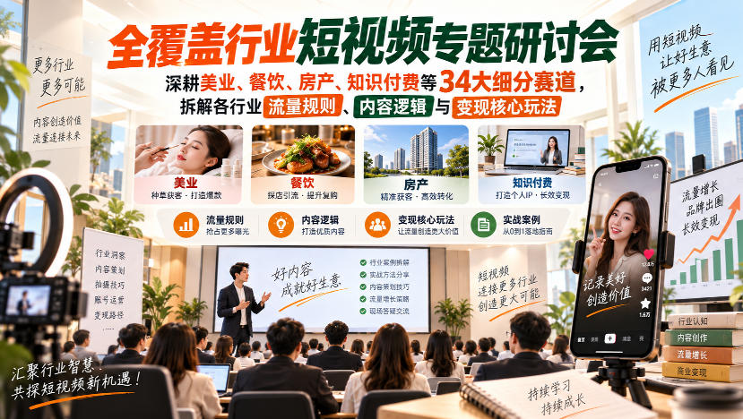 短视频专题研讨会,深耕美业、餐饮、房产、知识付费等34大细分赛道,拆解各行业流量规则、内容逻辑与变现核心玩法(更新1011)-智享云联