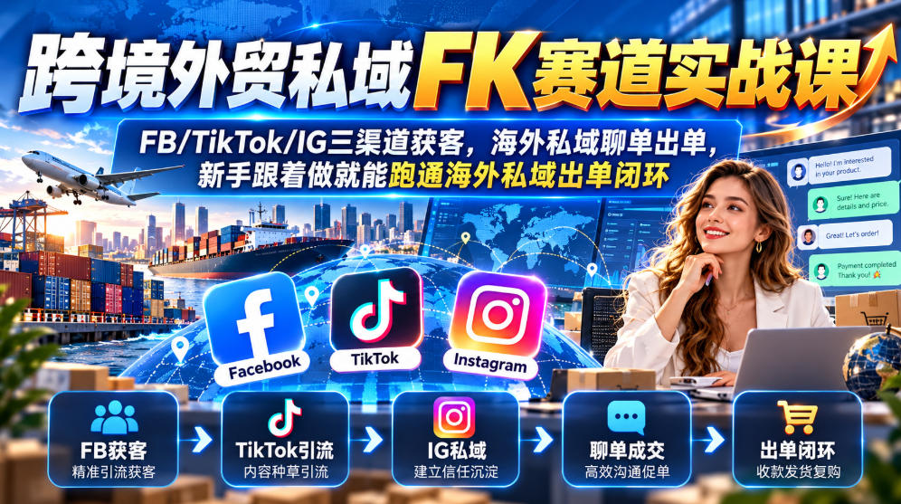 跨境外贸私域FK赛道实战课｜FB/TikTok/IG三渠道获客，海外私域聊单出单，新手跟着做就能跑通海外私域出单闭环-智享云联
