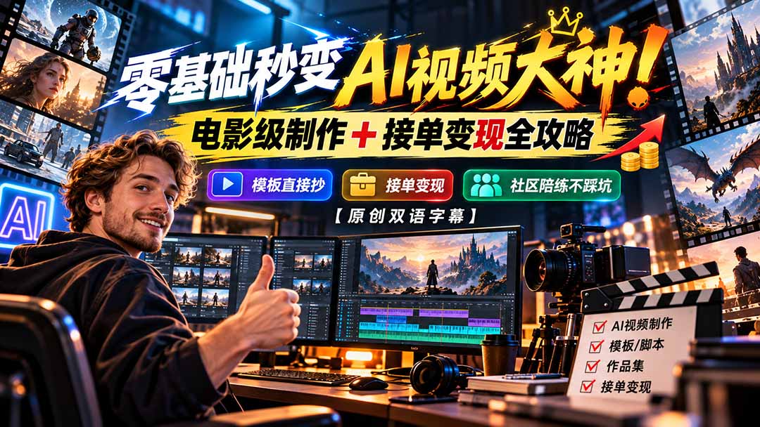 零基础秒变AI视频大神！电影级制作 + 接单变现全攻略，模板直接抄，社区陪练不踩坑【原创双语字幕】-智享云联