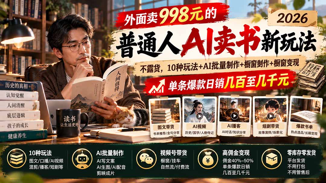 外面卖998元的2026普通人AI卖书新玩法:不露脸、不囤货,10种玩法+AI批量制作+橱窗变现,单条爆款日销几百至几千元-智享云联