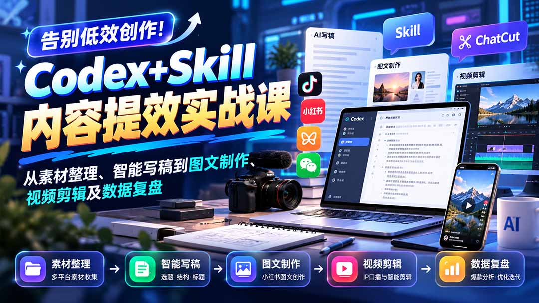【无水印】告别低效创作!Codex+Skill内容提效实战课:从素材整理、智能写稿到图文制作、视频剪辑及数据复盘-智享云联