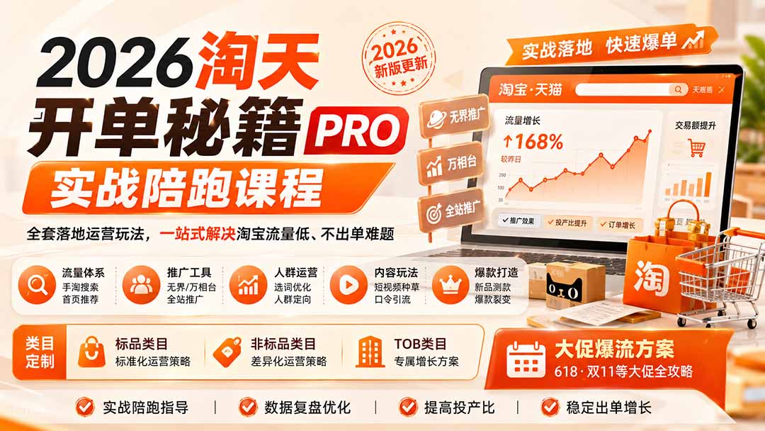 2026淘天开单秘籍PRO实战陪跑课程-更新1012：全套落地运营玩法，一站式解决淘宝流量低、不出单难题-智享云联
