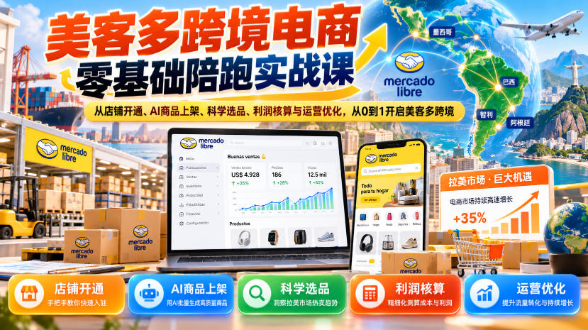 美客多跨境电商零基础陪跑实战课：从店铺开通、AI商品上架、科学选品、利润核算与运营优化，从0到1开启美客多跨境-智享云联