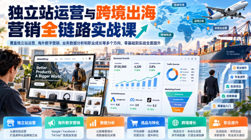 独立站运营与跨境出海营销全链路实战课,覆盖独立站运营、海外数字营销、业务数据分析和职业成长等多个方向,零基础到实战全面提升-智享云联