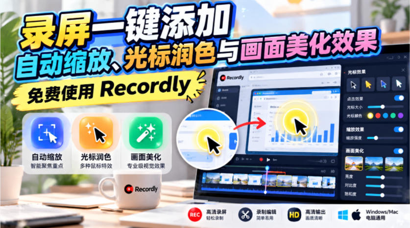 录屏一键添加自动缩放、光标润色与画面美化效果,免费使用Recordly-智享云联