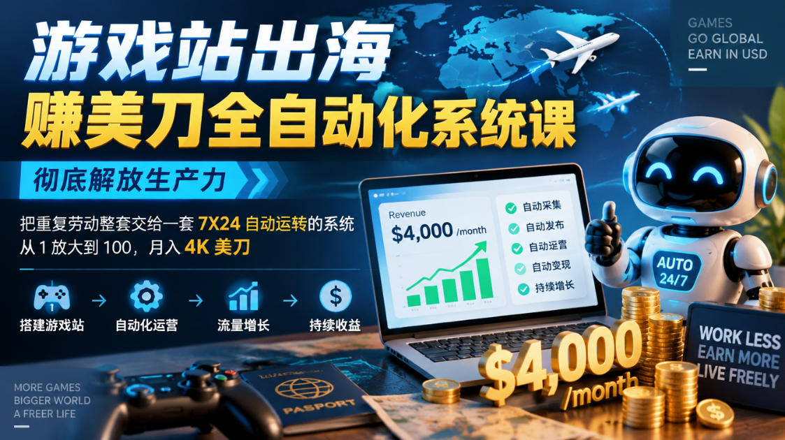 游戏站出海賺美刀全自动化系统课，彻底解放生产力--把重复劳动整套交给一套7X24自动运转的系统，从1放大到100，月入4K美刀-智享云联