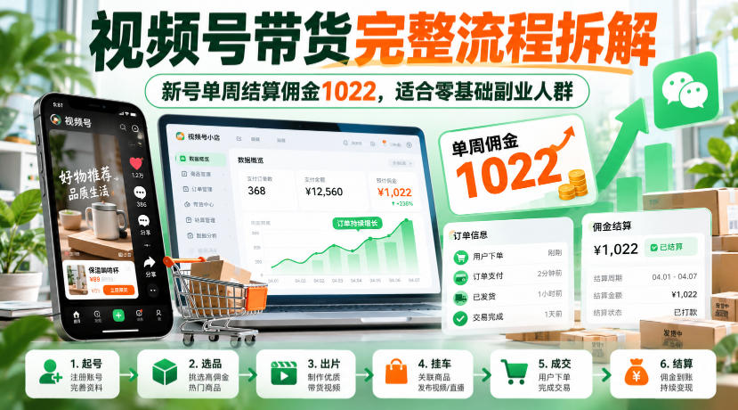 视频号带货完整流程拆解,新号单周结算佣金1022,适合零基础副业人群-智享云联