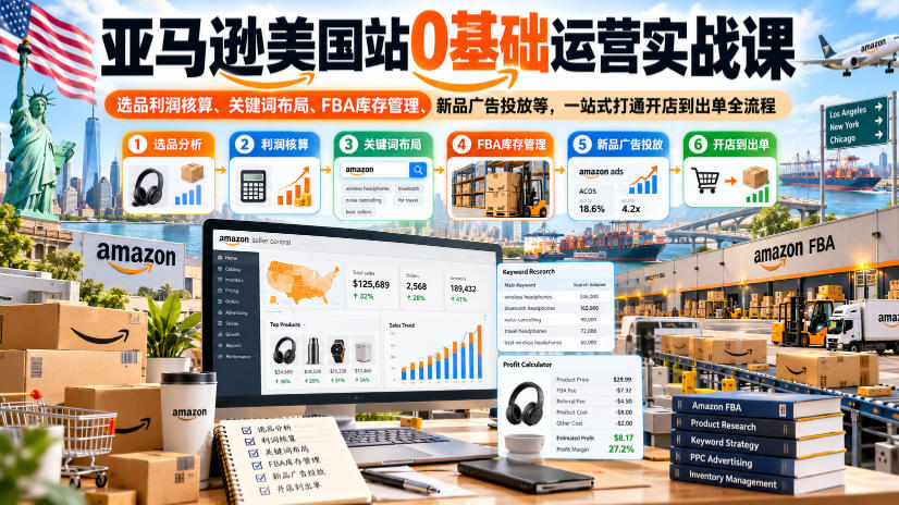亚马逊美国站0基础运营实战课|选品利润核算、关键词布局、FBA库存管理、新品广告投放等,一站式打通开店到出单全流程-智享云联